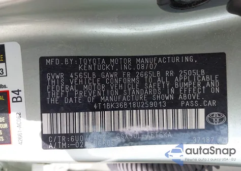 2008 Toyota Avalon Xls z USA, uszkodzony, nr VIN 4T1BK36B18U259013